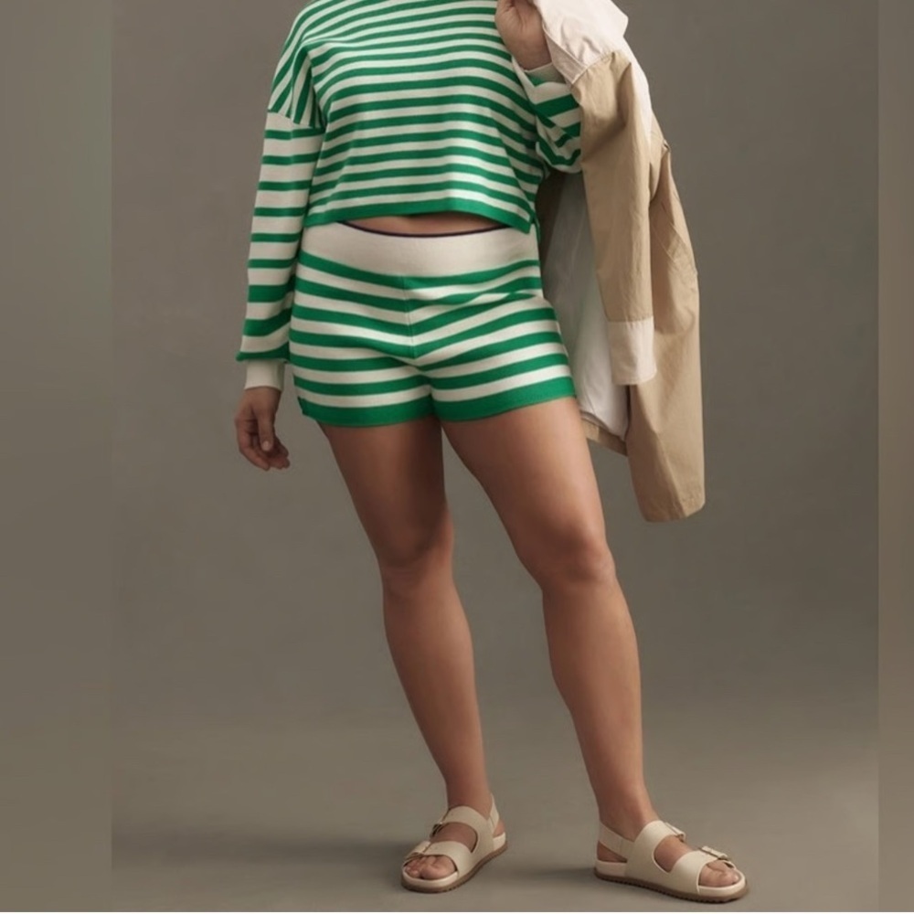 Daily Practice Anthropologie Green White Striped Shorts Tight Knit Cotton: XL